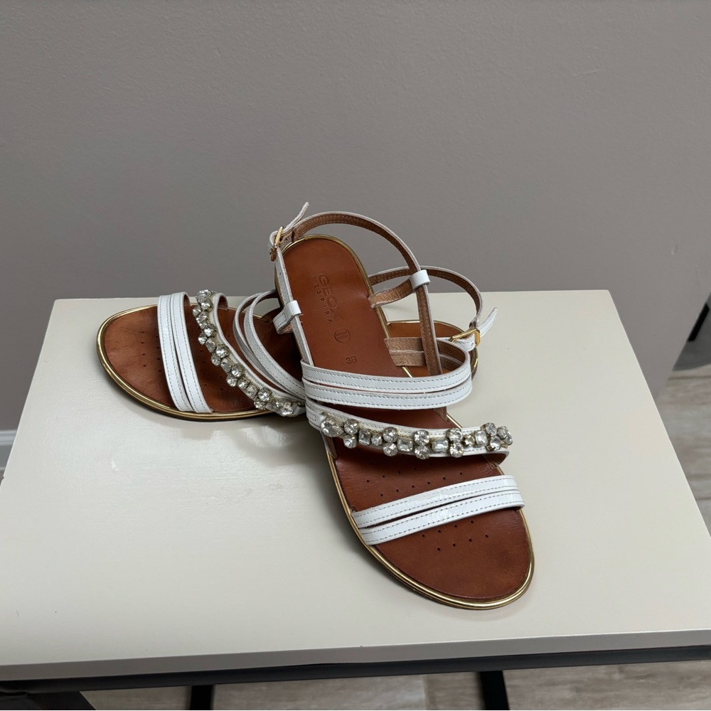 Geox White and Brown Beaded Sandals